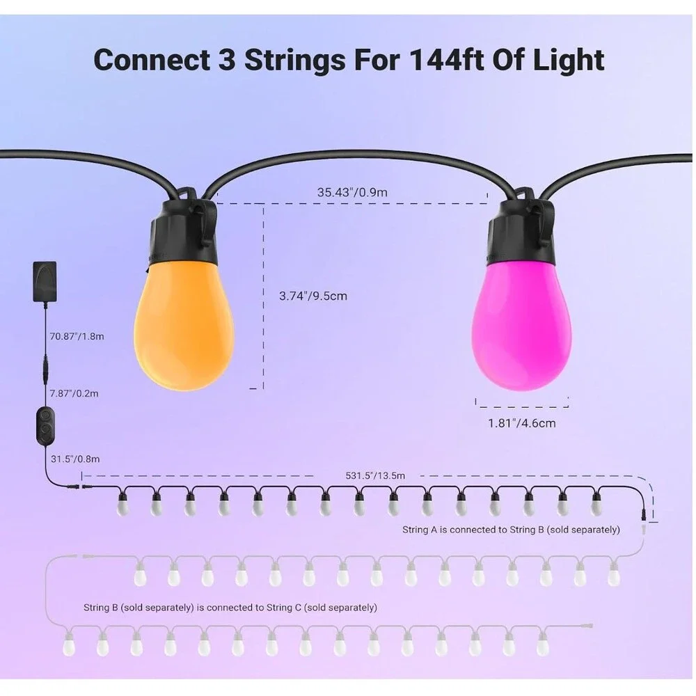 NEEWER NR01 48FT Outdoor String Lights RGBW 15 LED Smart Alexa Google NEW